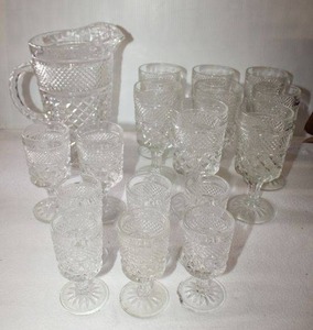 lot 167 image: Diamond Cut Glass Pitcher and Goblet Set