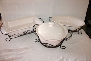 lot 169 image: White Serving Dishes with black wire stands by Certifies International (marked dishwashermicrowave and oven safe)