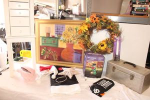 lot 186 image: Holiday and Home dcor - Inflatable dinosaur pirate, XS pet hoodie, BlackWhite Tree skirt, wall art, and Jewelry stand.