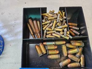 lot 200 image: Loose ammo 9mm, 22LR, 45 Cal, 7mm, 243 (some look like miss fires)