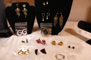 lot 65 image: (12) Matched poststud earrings. Varying styles, ages, materials.