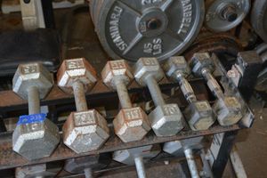 lot 233 image: 15 LB, 10 LB, and 5 LB Hand weight dumbells - 2 of each