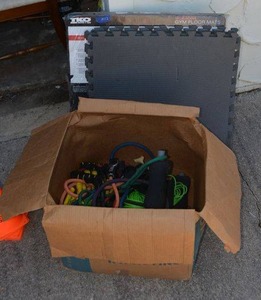 lot 242 image: Gym Interlocking Floor mats, exercise stretch bands, Jump ropes, orange cones