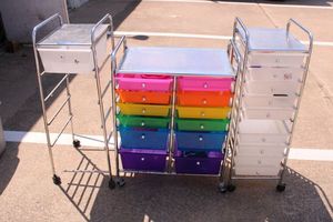 lot 276 image: Rolling plastic storage shelves with contents