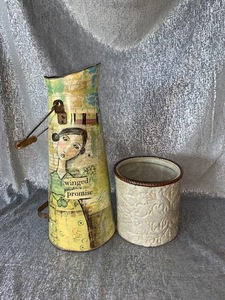 lot 35 image: Home decor - metal decorative pail and unique jar