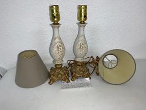lot 10 image: Pair of Bisque Porcelain Mid-century accent table lamps (off white) with embossed Cherubs Gold cast brass footed base