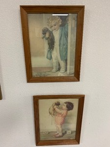 lot 31 image: Two very old beautiful framed art work of children with puppies (adorable) see pics