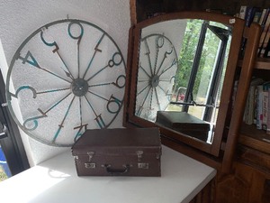 lot 40 image: Nice wood framed mirror, Vintage (small) suit cas and large metal clock and nees another hand (easy fix)