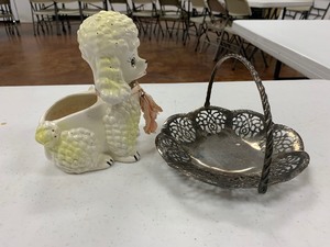 lot 197 image: Vintage - very old - poodle planter and silver colored basket - see pics