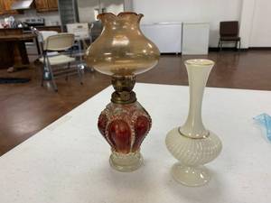 lot 121 image: Lenox rose bud vase on vintage oil burning lamp