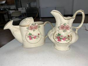 lot 141 image: Vintage Water Pitch and drinking Pitcher white porcelain and cute flowers. See pics