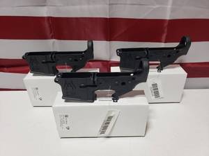 lot 652 image: Lot of 3 Spikes Tactical Stripped AR15 Lower Receivers w SafeFire Markings