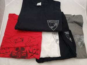 lot 943 image: Size XL DSG Shirts.  DSG Badge Logo (Black, White &amp Grey), Hold Fast (Red) &amp DSG Badge Logo Long Sleeve (Black) - QUANTITY 5 - BID IS TIMES THE QUANTITY
