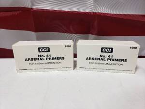 lot 954 image: Lot of 2 Boxes of CCI No. 41 Arsenal Primers For 5.56 Ammo.&nbsp 1,000 Primers Per Box.