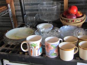 lot 89 image: crystal bowls- coffee mugs- wicker basket of wax fruit plus more