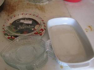 lot 113 image: 4 clear glass fish plates- cookies for Santa plate- baking dishes plus more