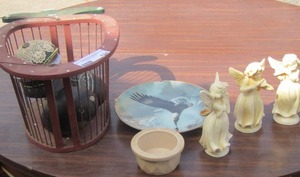 lot 134 image: wooden design apple basket- Emu eggs for dcor- save the eagle plate  & angels and more