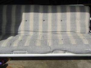 lot 136 image: white frame futon bed with mattress