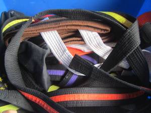 lot 43 image: blue tote of karate kid belts childrens sizes