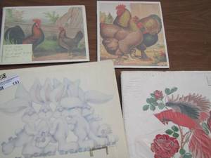 lot 151 image: Bunnies- cardinals and rooster all on poster boards