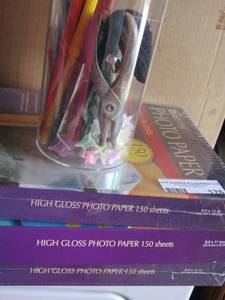 lot 176 image: new packs of photo paper qty 3-small container of office pencils markers and more