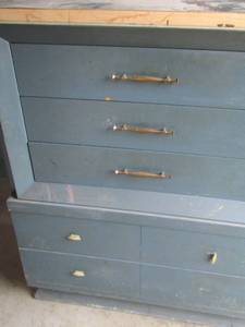 lot 53 image: American brand  solid wood 5 drawer, blueish greenish chest, sturdy needs minor blemish repairs