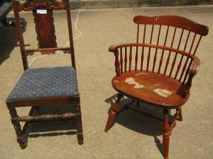 lot 86 image: brown blue seat kitchen chair with high back  & oval back dining chair with arm rest