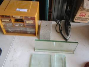 lot 157 image: yellow storage bin full jewlery making items - iron plus