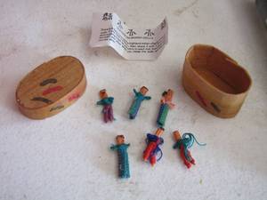 lot 223 image: Gentleman worry dolls qty 6 comes in small little hand made box very tiny- has original paper that came with items