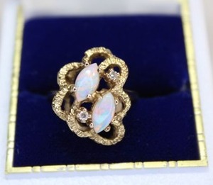 lot 3 image: 14K yellow gold Opal and Diamond cluster ring. Marked 14K. Size 6 Diamonds tested.