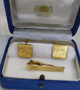 lot 55 image: 14K Gold Filled cufflink set in box. Marked 120 14K GF. Marked on cufflink and tie bar. Has inscription.