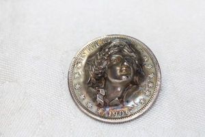 lot 49 image: 1904 Barber quarter dollar Art Nouveau push out repousse antique pin. Older C-clasp.