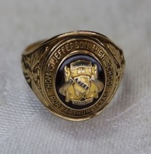 lot 70 image: 10K yellow gold 1950 high school ring. Marked Jostens 10K. Size 9.5. Thomas Jefferson High School Port Arthur, TX.
