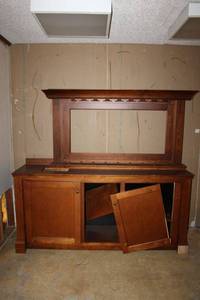lot 166 image: Solid wood bar cabinet and wall mount rack - some damage as shown