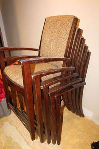 lot 156 image: Wood and upholstered stackable chairs - 5 chairs