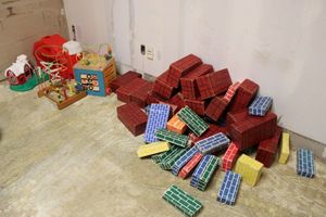 lot 164 image: Toddler toys with farm, cardboard blocks, and bead maze roller coasters