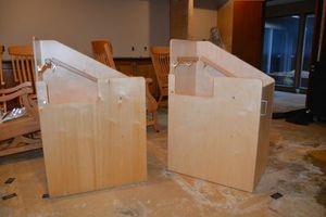 lot 172 image: Pair of preschool step stoolsladders with door at the bottom and hand rails going up.
