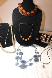lot 155 image: Gemstone Jewelry - Unakite, Walrus Scrimshaw, Wood, and Yak Bone. See descriptions below.