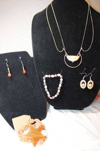 lot 137 image: Gemstone Jewelry - Orange Agate, Picture Jasper, Pink Rhodonite, Puddingstone Agate. See descriptions below.
