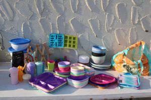 lot 10 image: Plastic dishes and bowls, insulated lunch bag, reusable ice cubesmolds and more