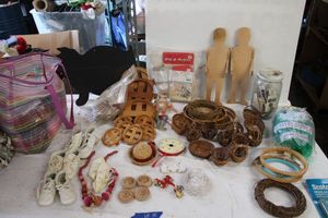lot 15 image: Wood Crafts, yarn and knitting, baskets, buttons and baby shoes