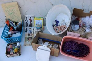 lot 19 image: Crafts yarn, ceramics, sewing, vintage transfers, shells