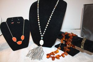 lot 114 image: Gemstone Jewelry - Moss quartz, Dragon blood Jasper, Drusy, Seaglass, Faux Amber. See descriptions below.