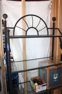 lot 60 image: Black metal shelf unit with glass shelves (not contents)