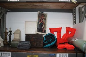 lot 160 image: Life jackets, sleeping bag, foam bed pad, wooden box, table lamps, vintage girl with ukelele picture and clear plates
