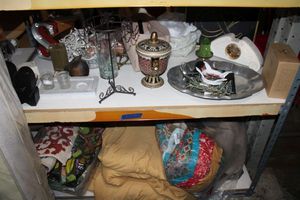 lot 162 image: Linens, housewares, Willow figurine, desk clock and more
