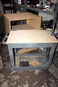 lot 98 image: Utility cart with wood attached to top plus wooden storage cart
