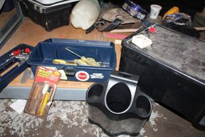 lot 176 image: Misc. tools, plastic toolbox, 2 small roof peak covers, and more