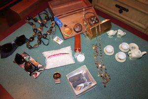 lot 19 image: Miniature tea set, Money clip, brass trinket boxes, copper bracelet, wooden box and more