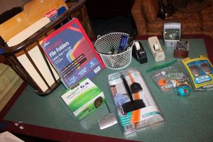 lot 25 image: Office items Desktop Microphone, Oxi-leaf plug-in Air Purifiers, file folders, magazine rack and more